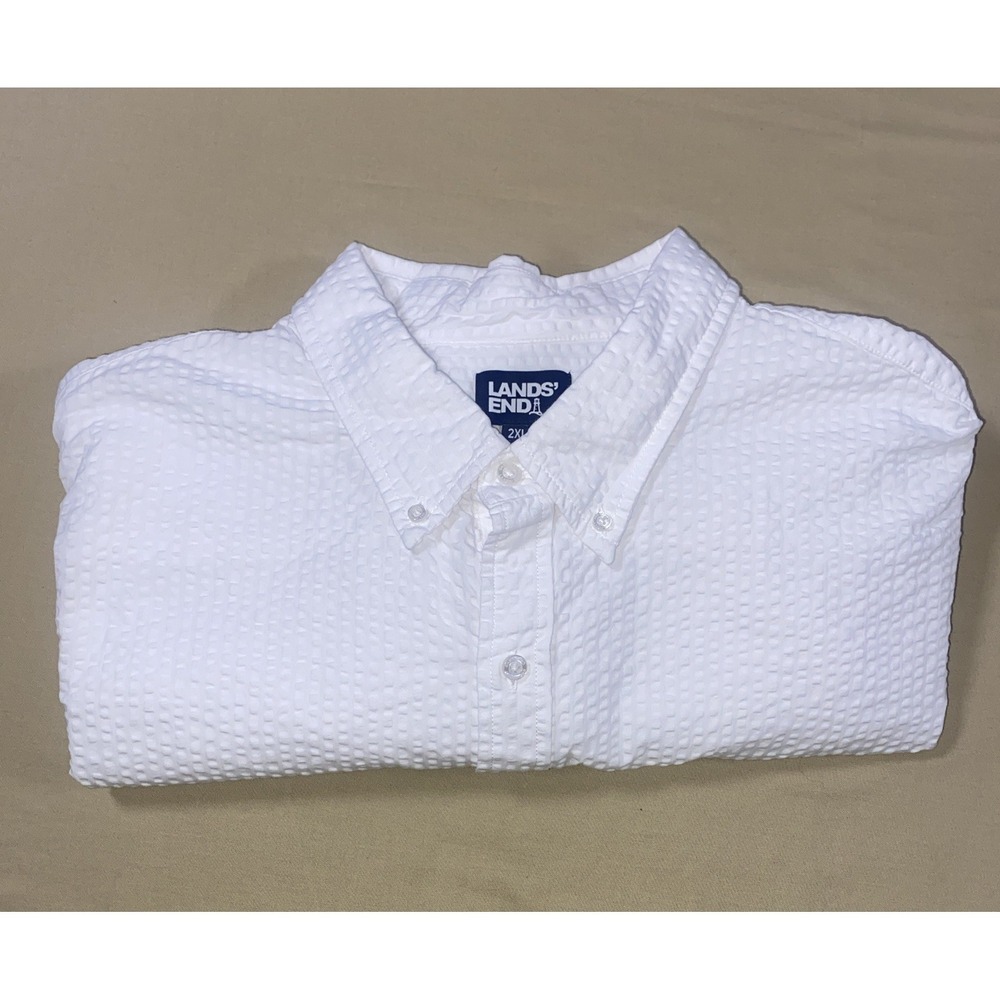 Lands' End Men's 2XLT White Seersucker Cotton  Button Down Short Sleeve Shirt